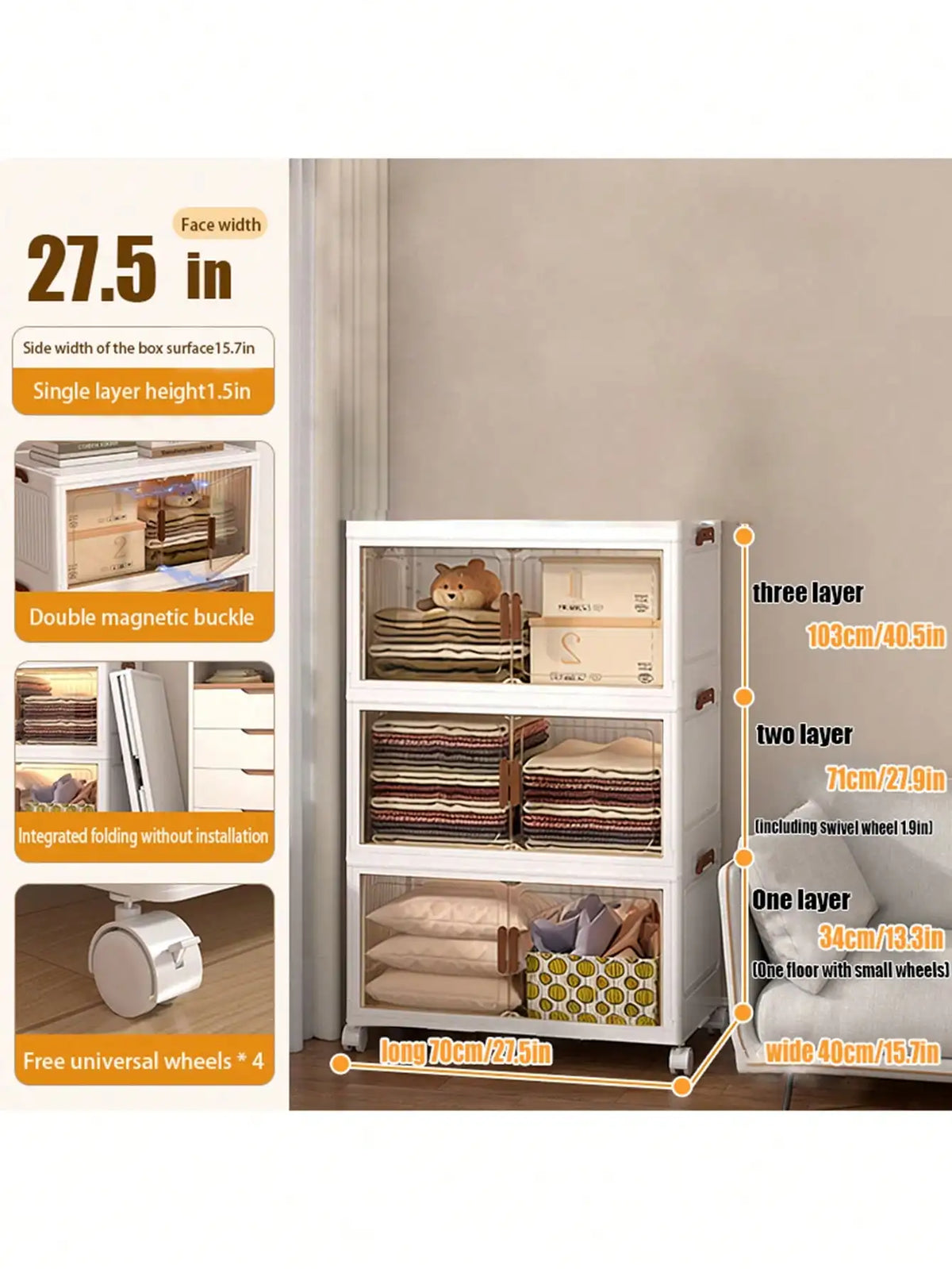 Foldable Plastic Storage Cabinet With Clear Doors And Wheels