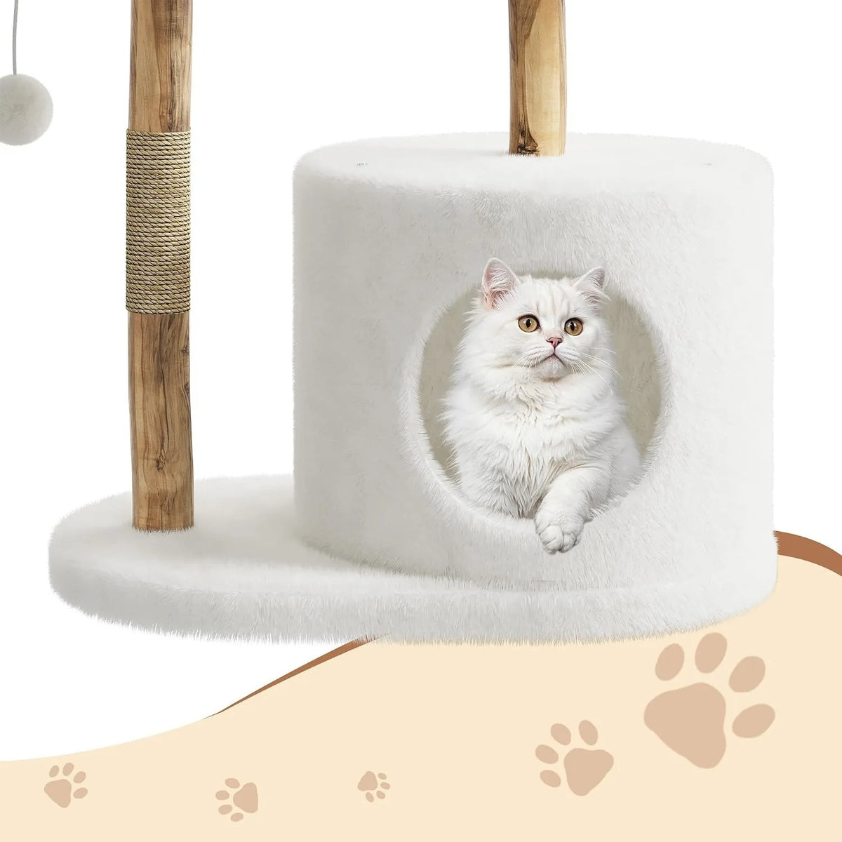 Wooden Cat Tree Tower 43 Inch with Rattan Large Cat Climbing Furniture Multi Level Activity Center Indoor Pet Furniture with Perches for Cats