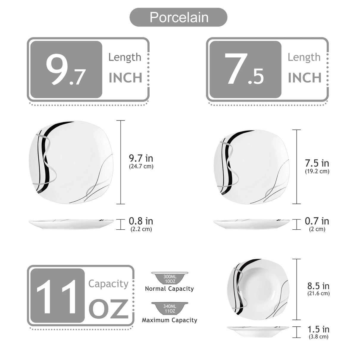 MALACASA FIONA Porcelain Dinnerware Set With Black Line Pattern