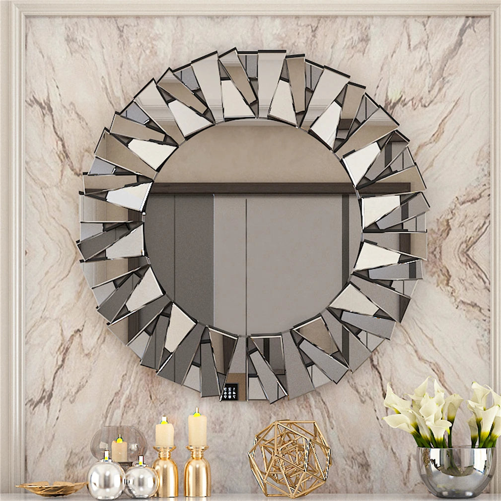 Unique Sunburst Round Decorative Wall Mirror With Beveled Glass