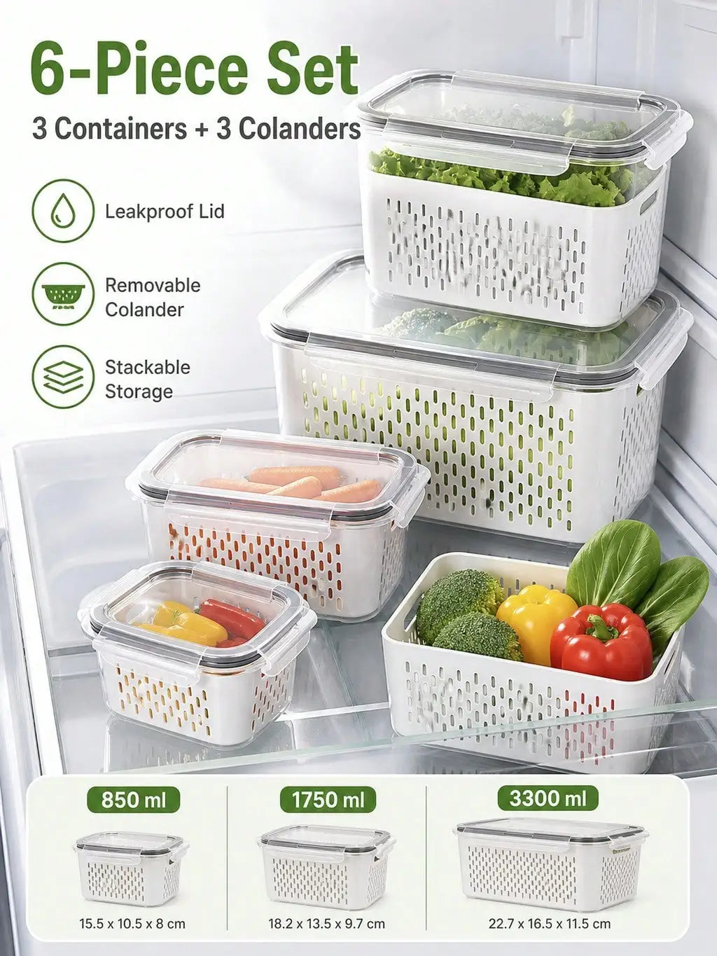 Produce Storage Container Set With Removable Drain Baskets