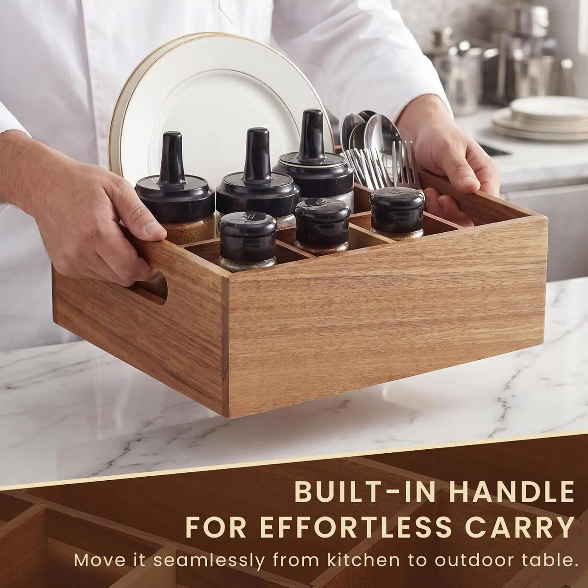 Garvee Acacia Wood Flatware Caddy With Handles And Compartments