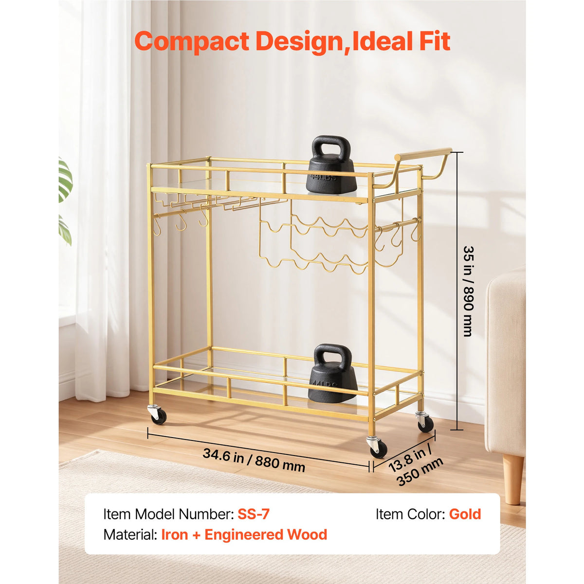 SucceBuy Two Tier Rolling Bar Cart Serving Trolley for Home