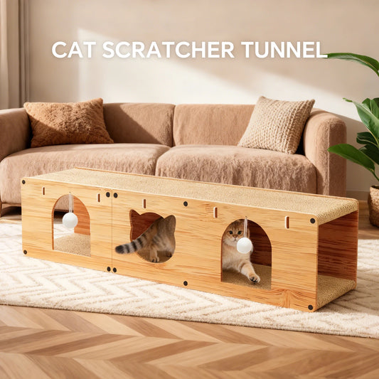 Wooden Cat Bed With Scratching Board And Play Tunnel