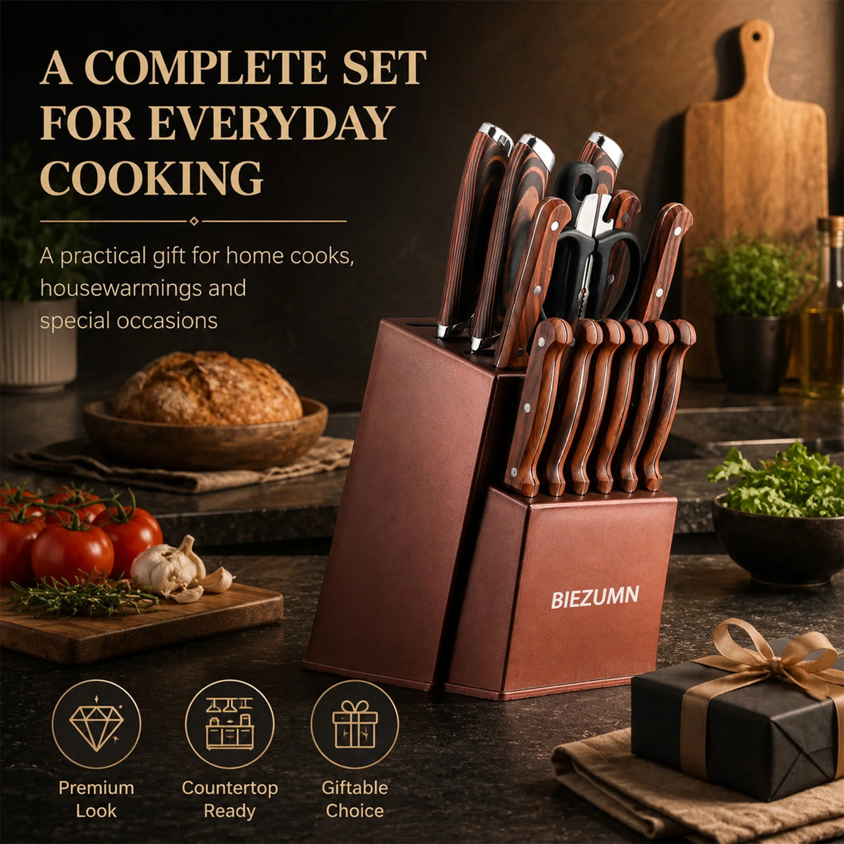BieZumn Professional Stainless Steel Kitchen Knife Block Set