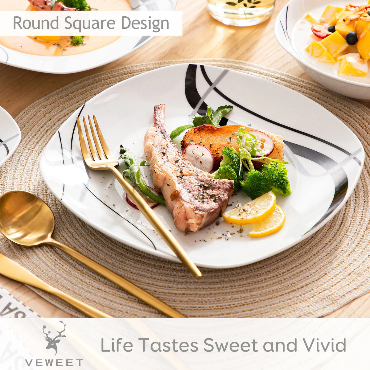 MALACASA FIONA Porcelain Dinnerware Set With Black Line Pattern