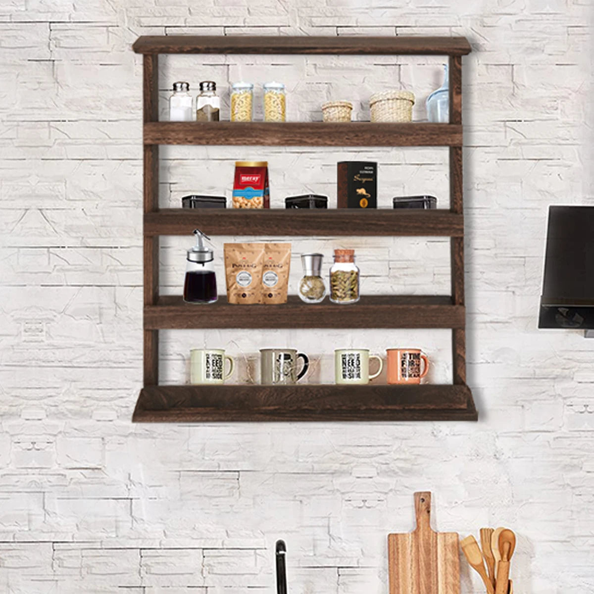 Wooden Wall Mounted Spice Rack With Four Tier Storage