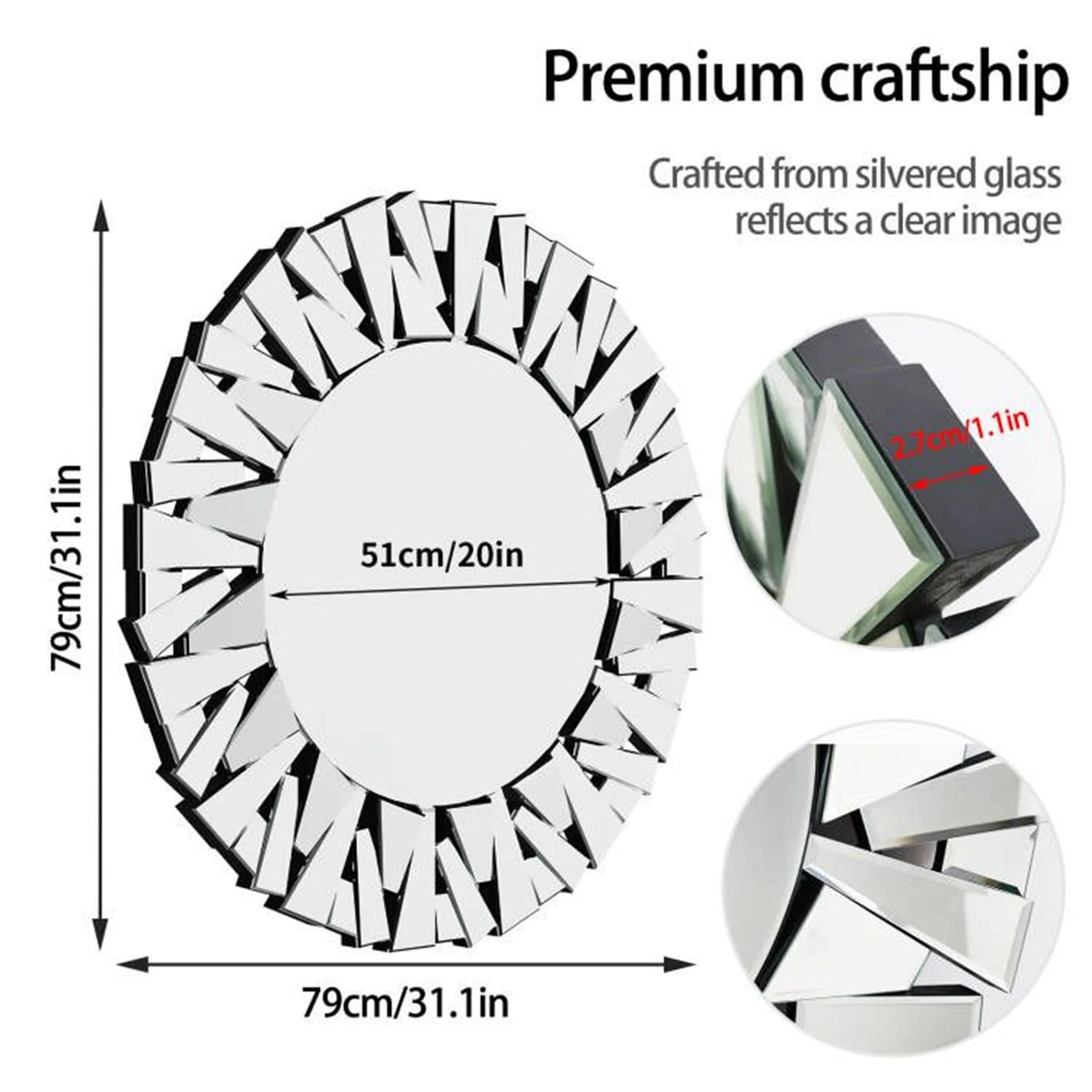 Unique Sunburst Round Decorative Wall Mirror With Beveled Glass