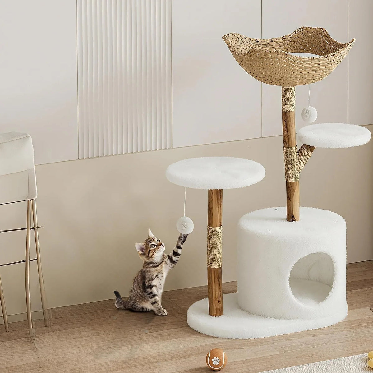 Wooden Cat Tree Tower 43 Inch with Rattan Large Cat Climbing Furniture Multi Level Activity Center Indoor Pet Furniture with Perches for Cats