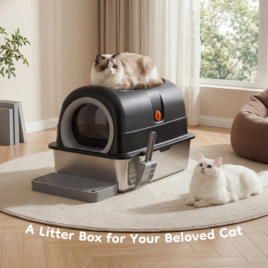 JHK Enclosed Stainless Steel Cat Litter Box with Scoop Included