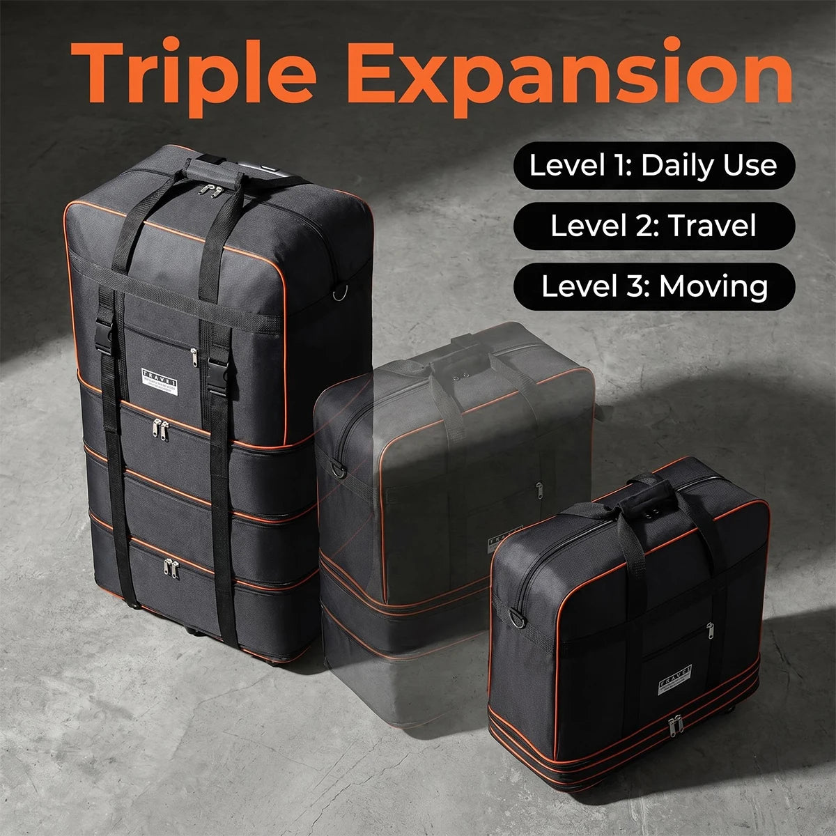 Expandable Foldable Rolling Travel Duffel Bag With Waterproof Oxford Fabric