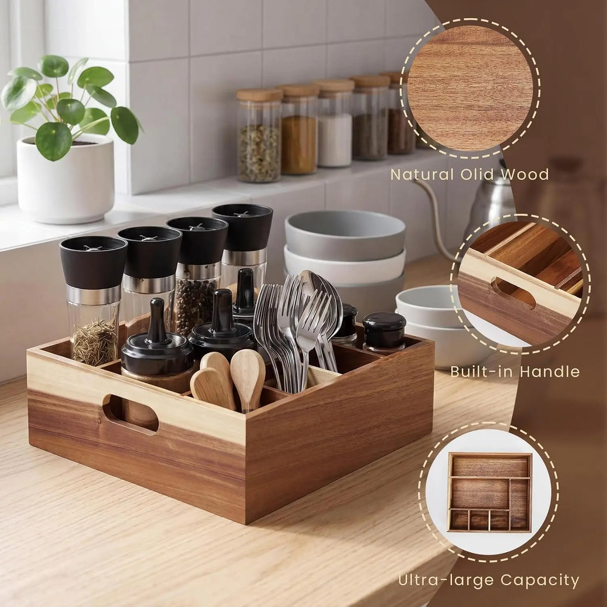 Garvee Acacia Wood Flatware Caddy With Handles And Compartments