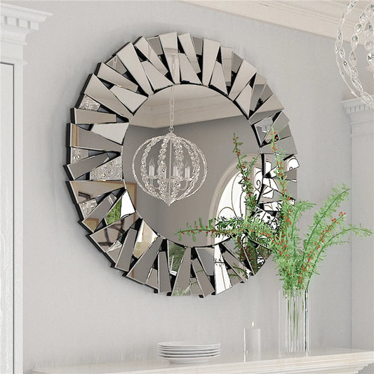 Unique Sunburst Round Decorative Wall Mirror With Beveled Glass
