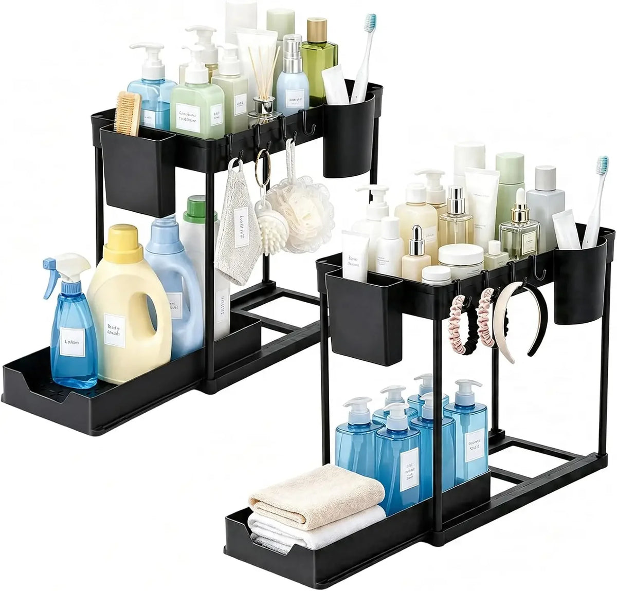 Under Sink Two Tier Pull Out Storage Organizer With Hooks