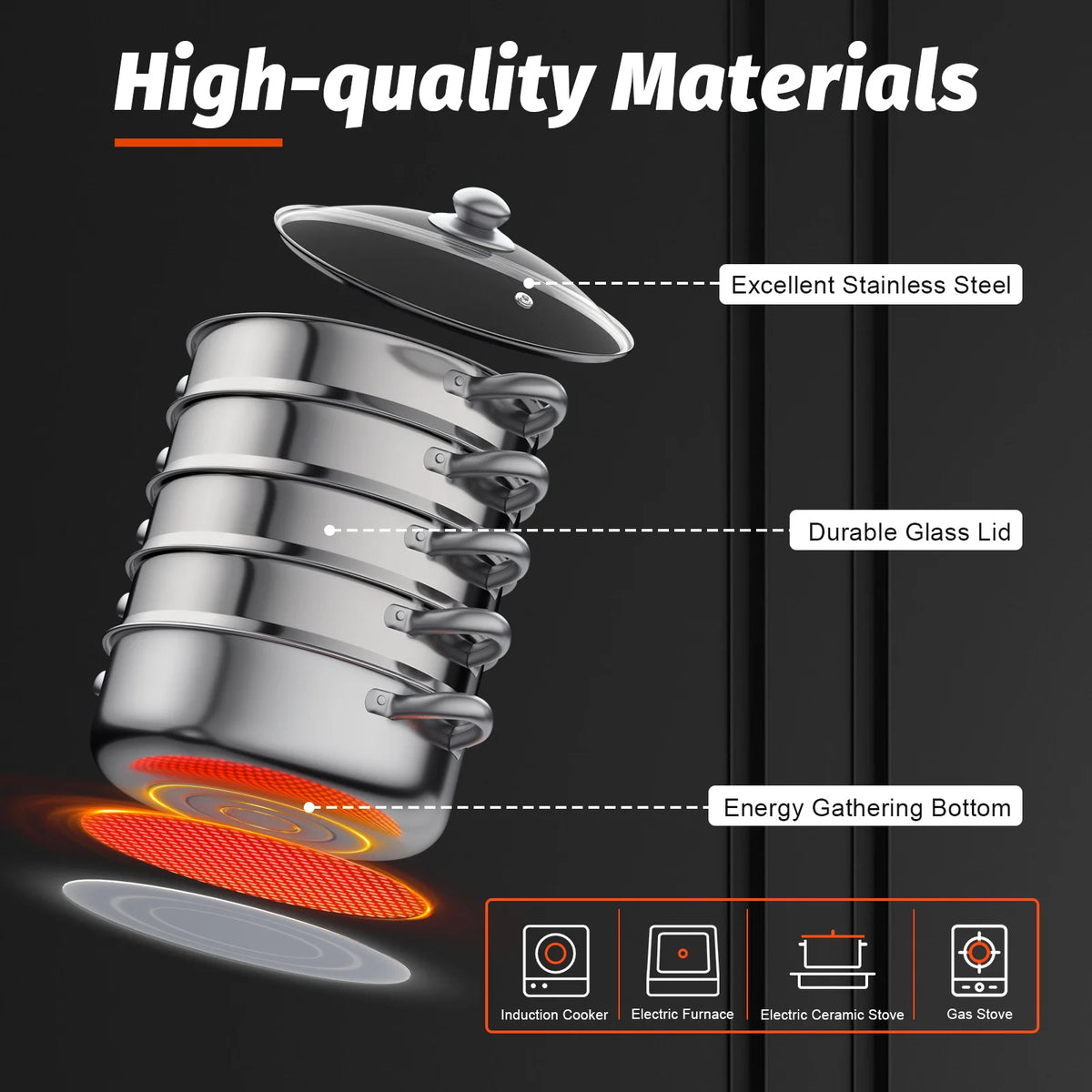 Stainless Steel Five Tier Steamer Pot With Handles For Home Cooking