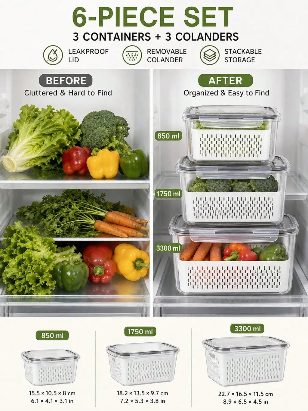 Produce Storage Container Set With Removable Drain Baskets