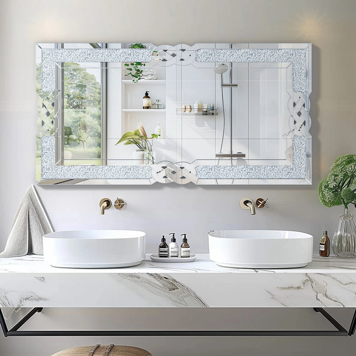 Wisfor Crushed Diamond Rectangular Vanity Mirror With Decorative Crystal Frame