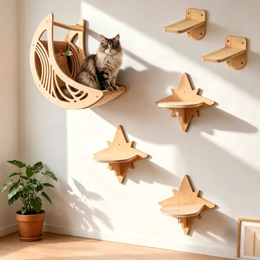 Wall Mounted Cat Shelves With Moon Hammock And Star Perches