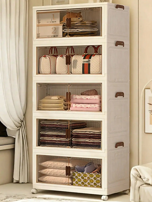 Foldable Plastic Storage Cabinet With Clear Doors And Wheels