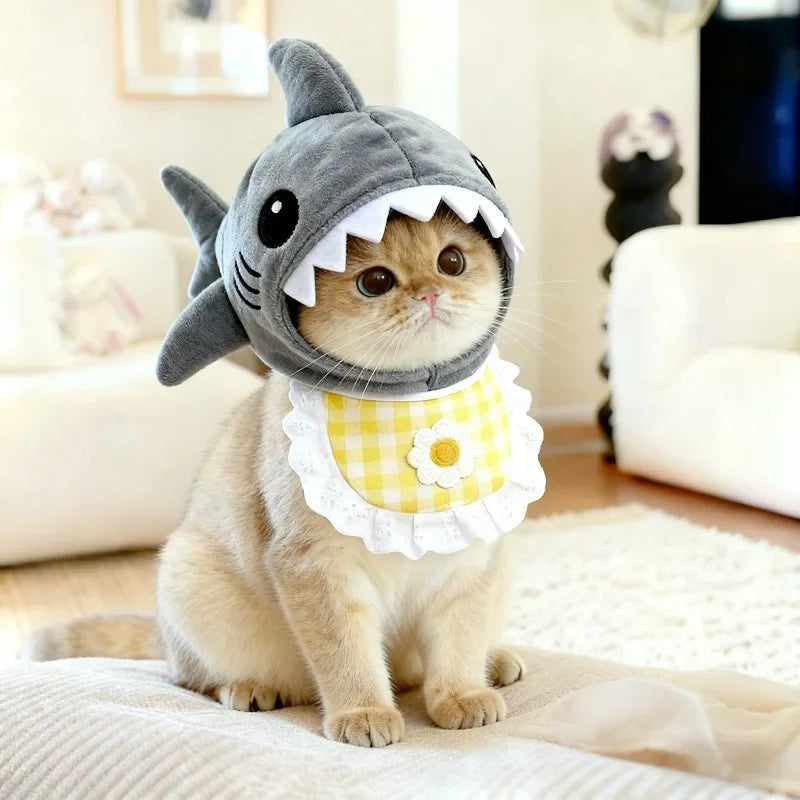 【Hot】Funny Cat Shark Headpiece Adjustable Warm Soft Pet Hat Cute Cartoon Christmas Party Cosplay Photo Prop