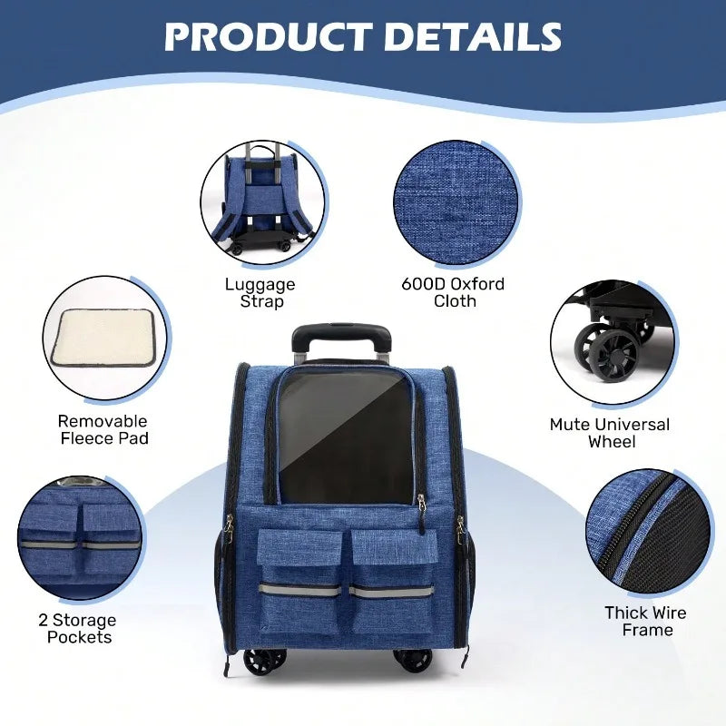 Rolling Pet Carrier Bag With Telescopic Handle And Shoulder Strap