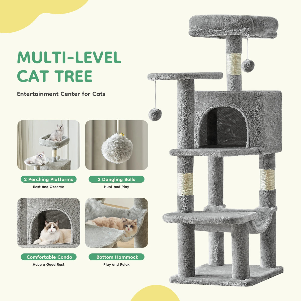 JHK Multi-Level Cat Tree With Sisal Posts And Cat House