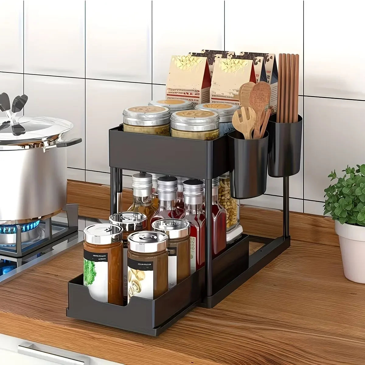 Under Sink Two Tier Pull Out Storage Organizer With Hooks