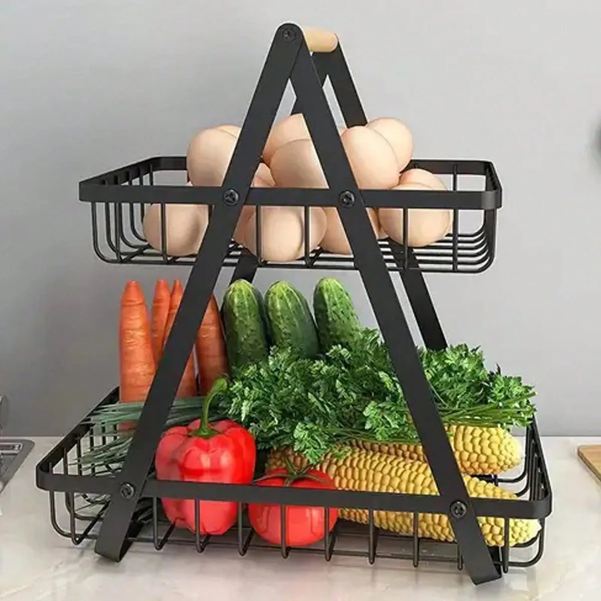 Two Tier Fruit Basket With Wooden Handle Kitchen Storage Organizer