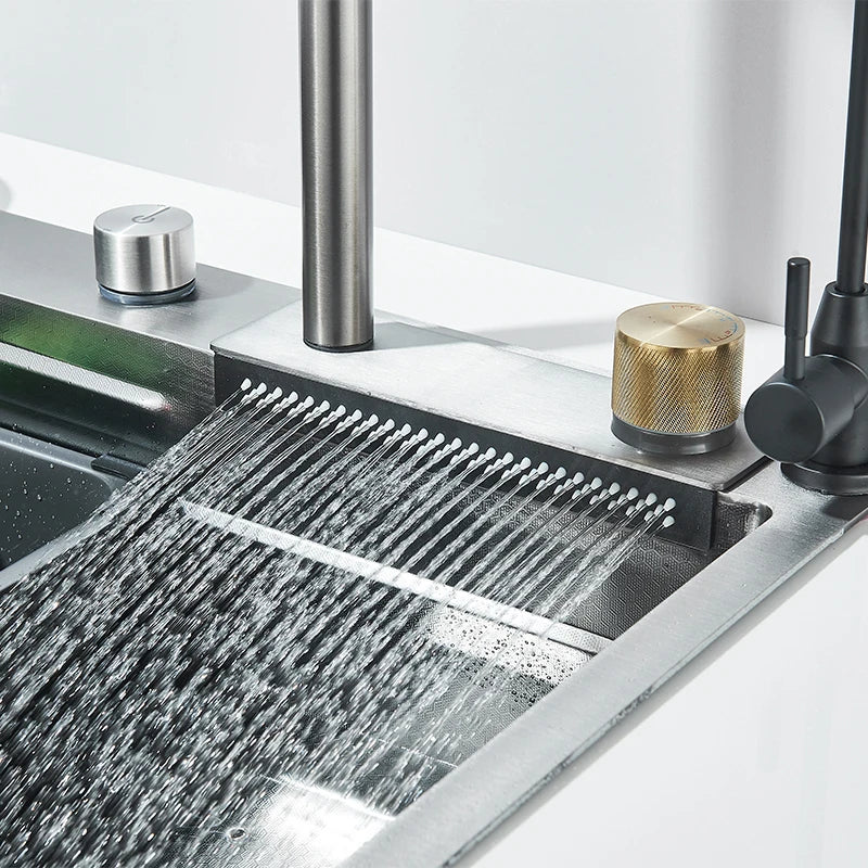 Stainless Steel Kitchen Sink With Waterfall Faucet And Cup Washer