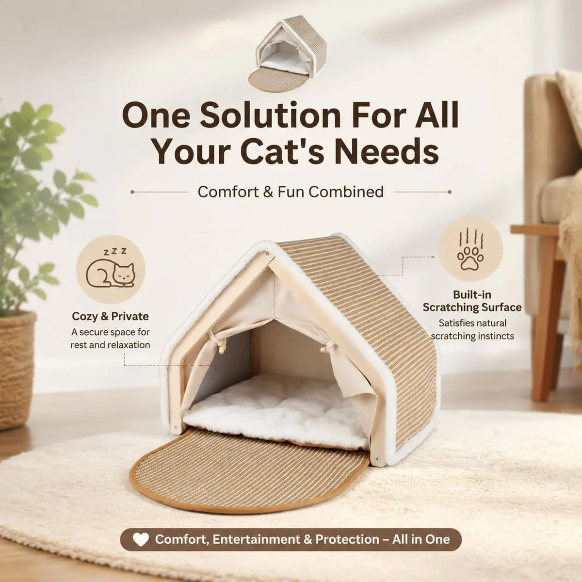 Wooden Cat House Tent Bed With Scratcher And Cozy Hideaway
