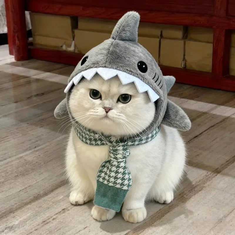 【Hot】Funny Cat Shark Headpiece Adjustable Warm Soft Pet Hat Cute Cartoon Christmas Party Cosplay Photo Prop