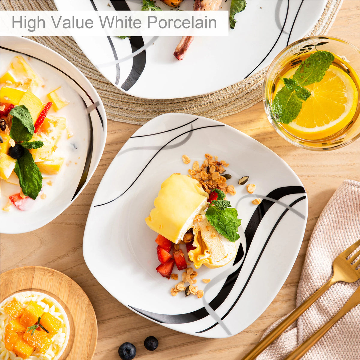 MALACASA FIONA Porcelain Dinnerware Set With Black Line Pattern