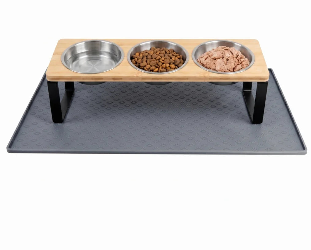Elevated Cat Feeder With Stainless Steel Bowls And Feeding Mat