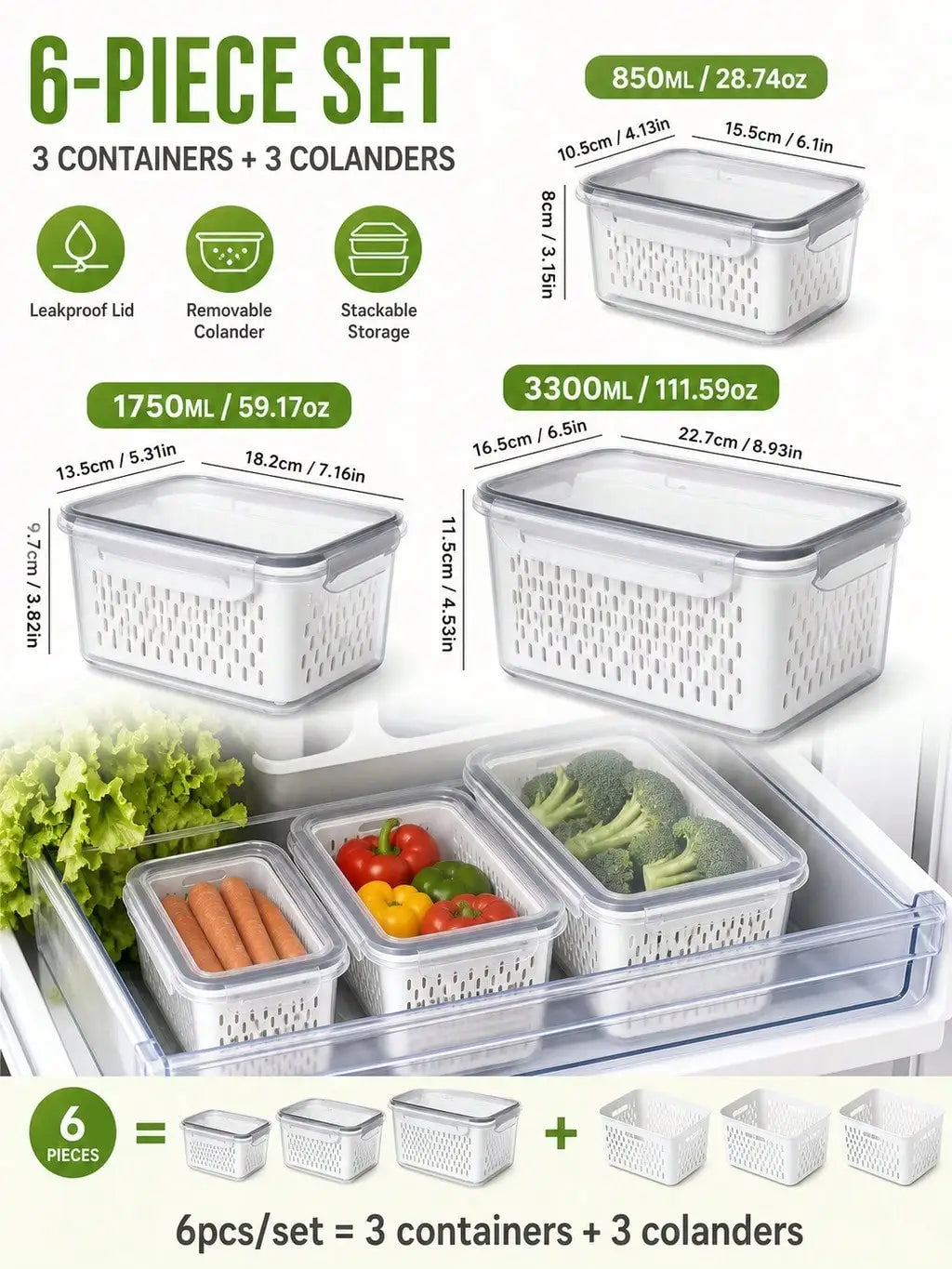 Produce Storage Container Set With Removable Drain Baskets