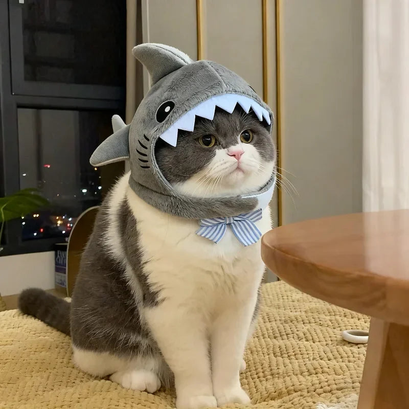 【Hot】Funny Cat Shark Headpiece Adjustable Warm Soft Pet Hat Cute Cartoon Christmas Party Cosplay Photo Prop