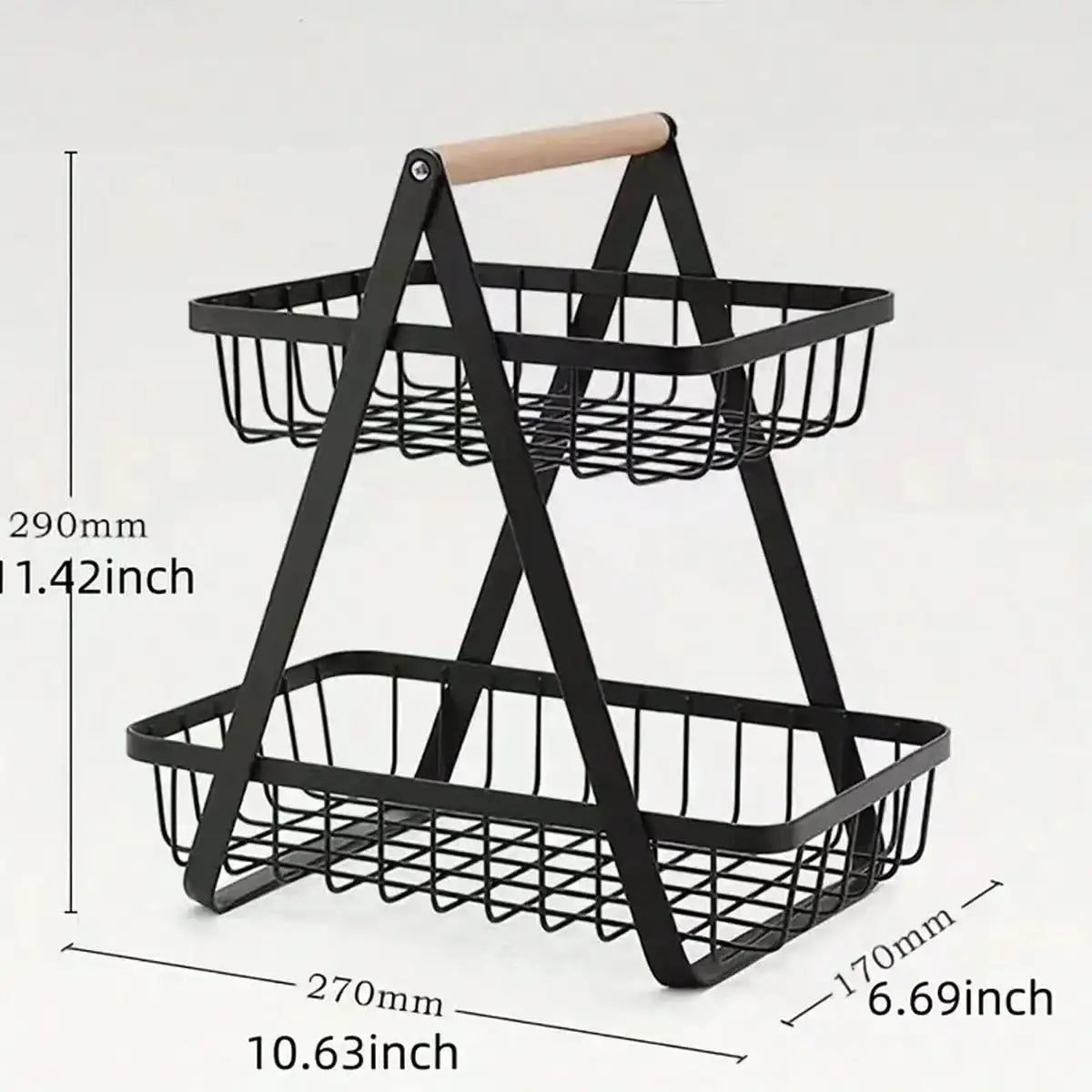 Two Tier Fruit Basket With Wooden Handle Kitchen Storage Organizer