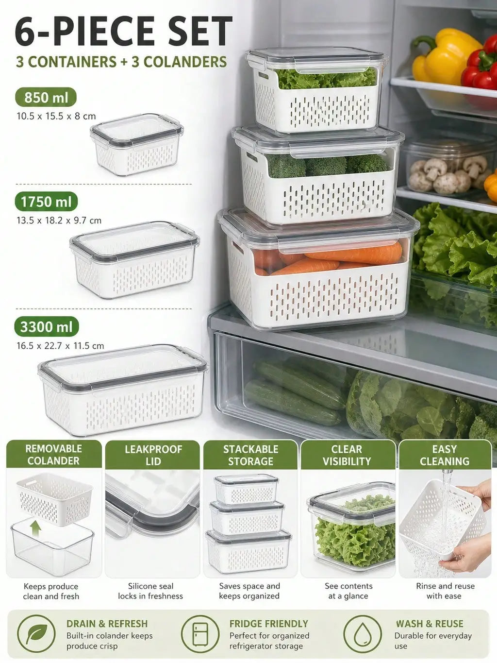 Produce Storage Container Set With Removable Drain Baskets
