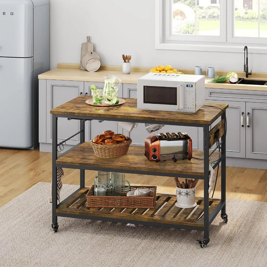 Rolling Kitchen Island Cart With Power Outlet And Three Shelves