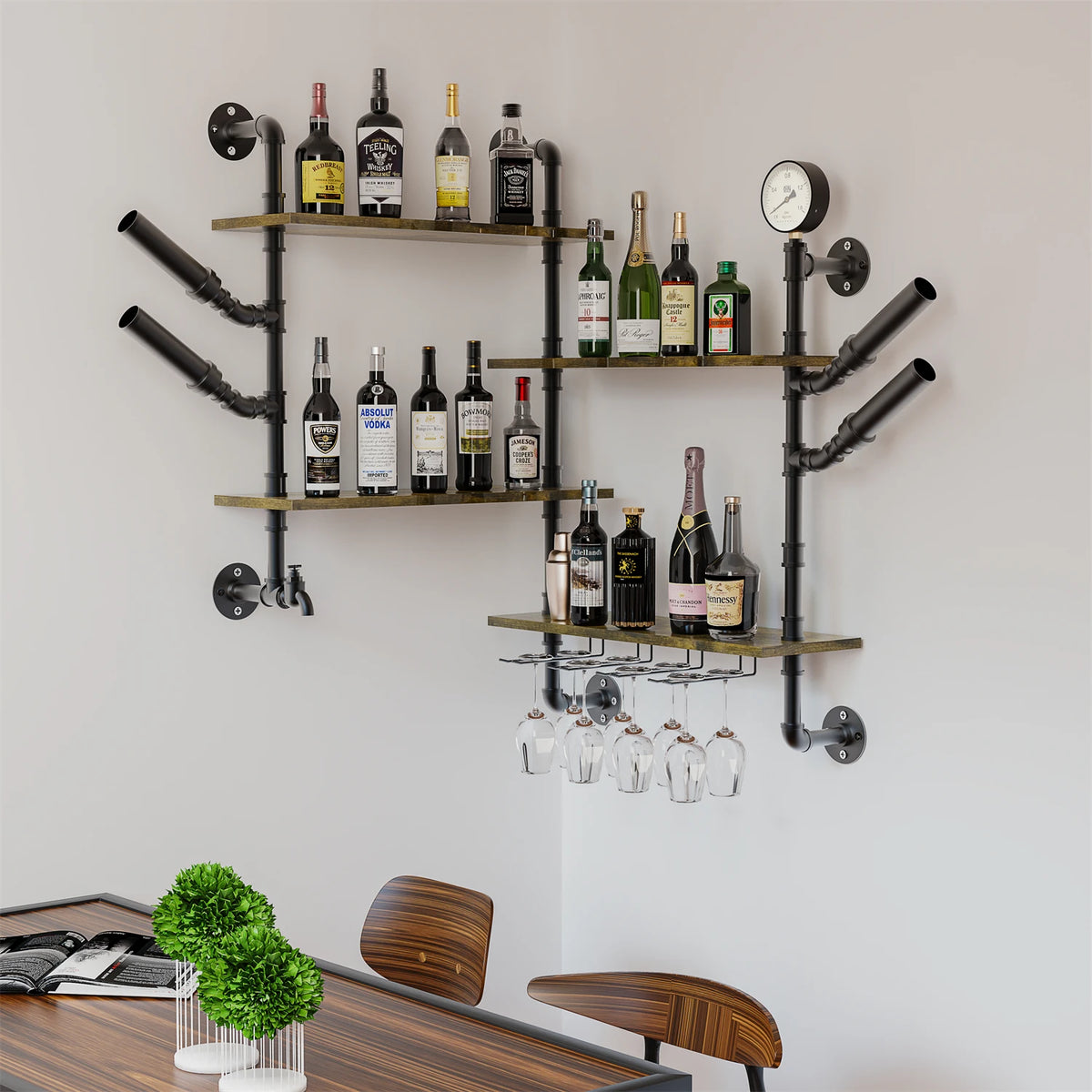 Wall Mounted Pipe Bar Liquor Shelf With Wine Glass Holder