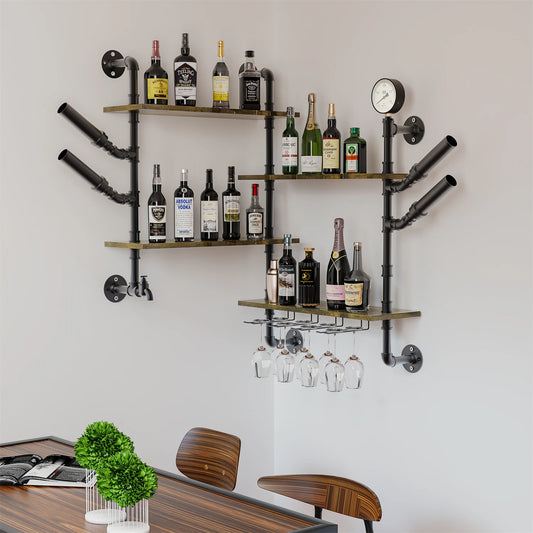 Wall Mounted Pipe Bar Liquor Shelf With Wine Glass Holder