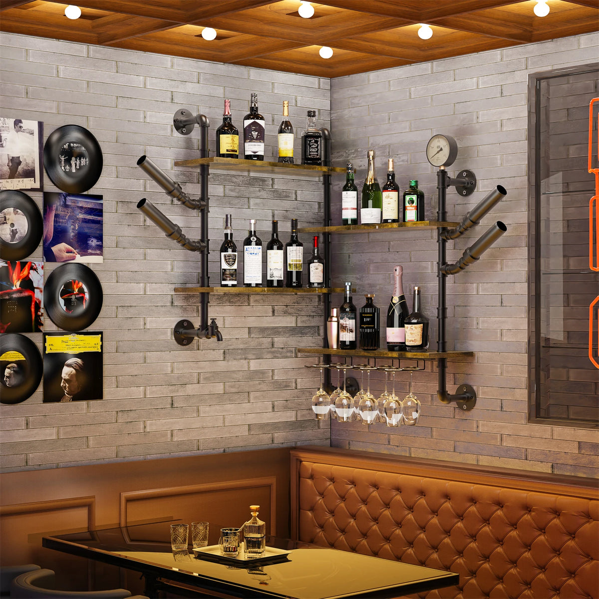 Wall Mounted Pipe Bar Liquor Shelf With Wine Glass Holder