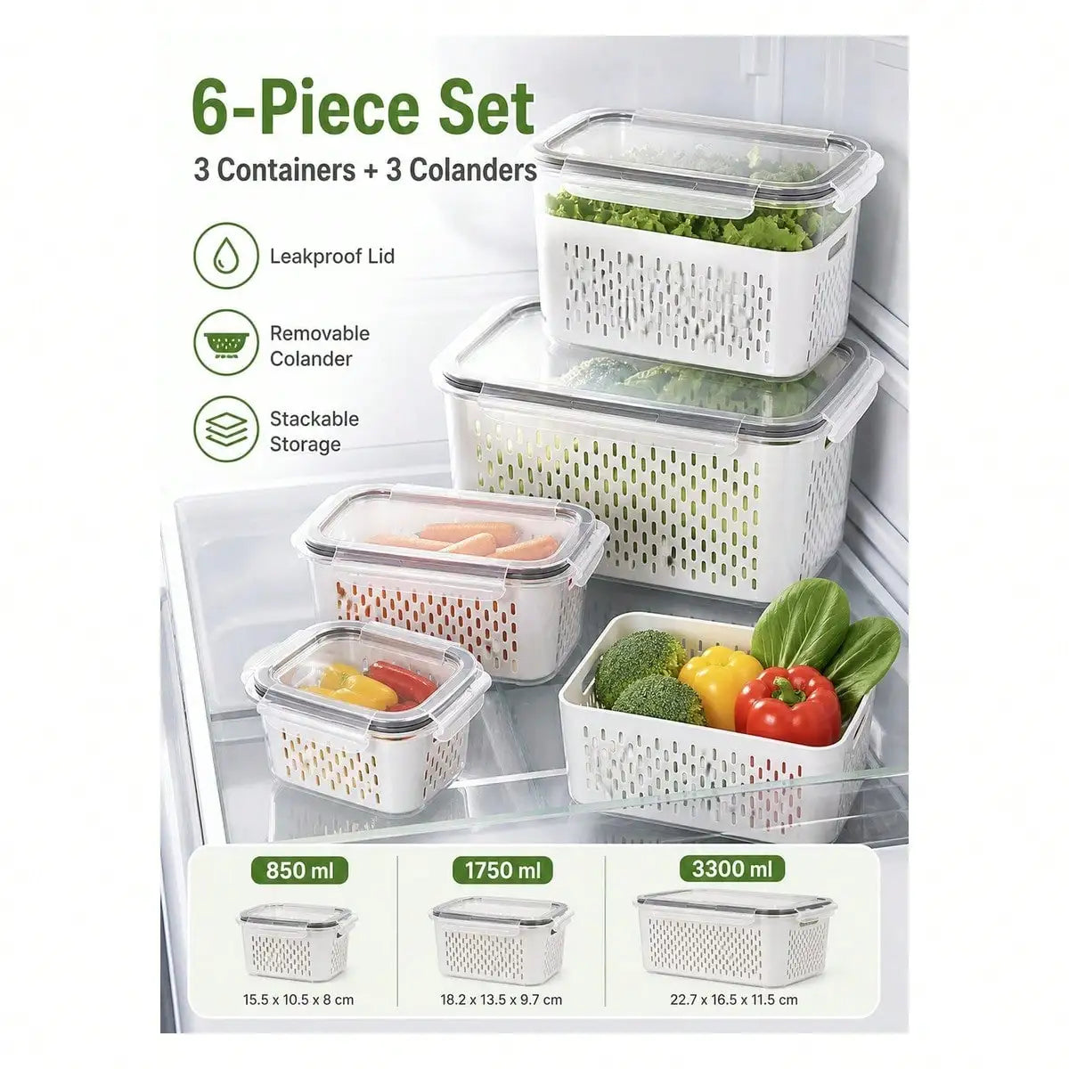 Produce Storage Container Set With Removable Drain Baskets