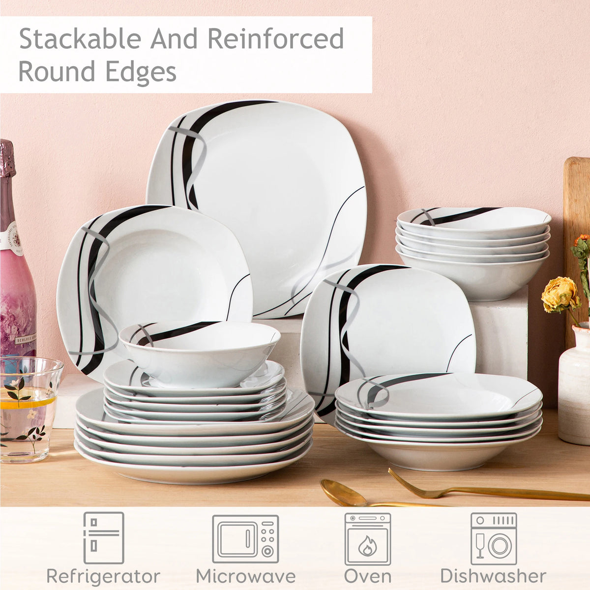 MALACASA FIONA Porcelain Dinnerware Set With Black Line Pattern