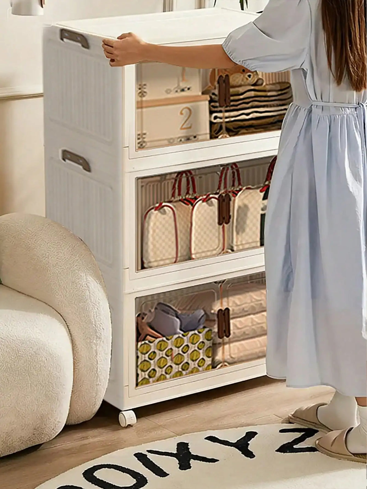 Foldable Plastic Storage Cabinet With Clear Doors And Wheels