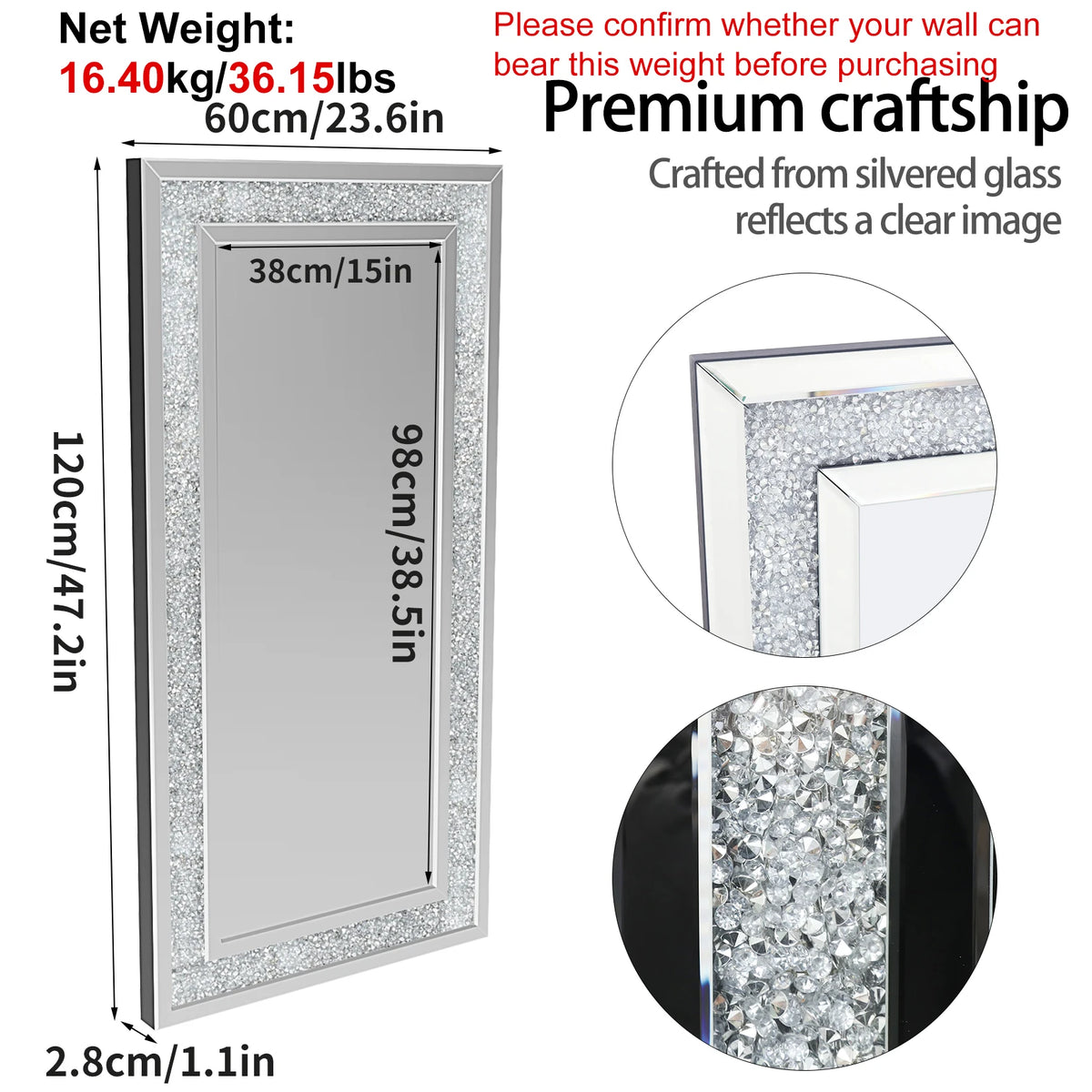 Crystal Crush Diamond Wall Mirror For Bedroom And Living Room